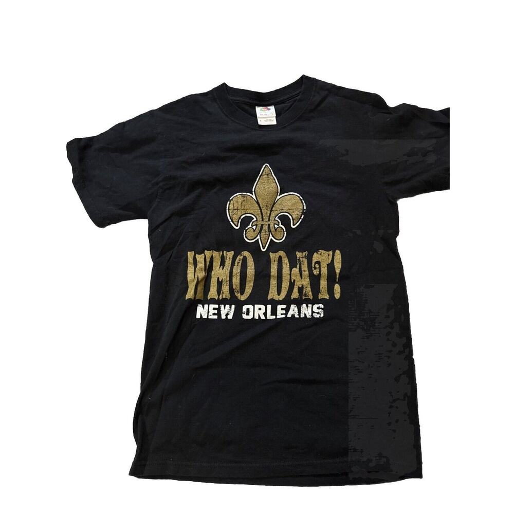 Men’s NFL New Orleans “Who Dat?” T Shirt, Small Distressed, Black and Gold V8